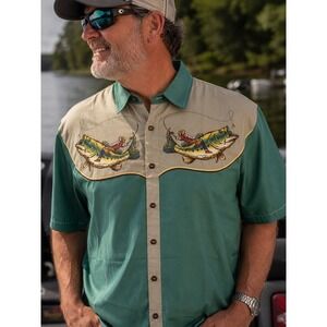 Boozelele Mens Large Fishing Bass Cowboy Graphic Button Down Shirt Teal Tan